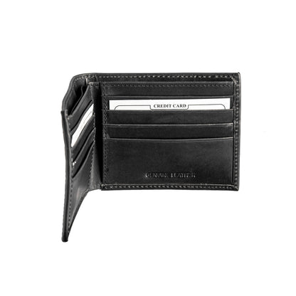 Bi-Fold Wallet in black genuine leather with card slots and stitched edges on Tampa Home & Garden Store