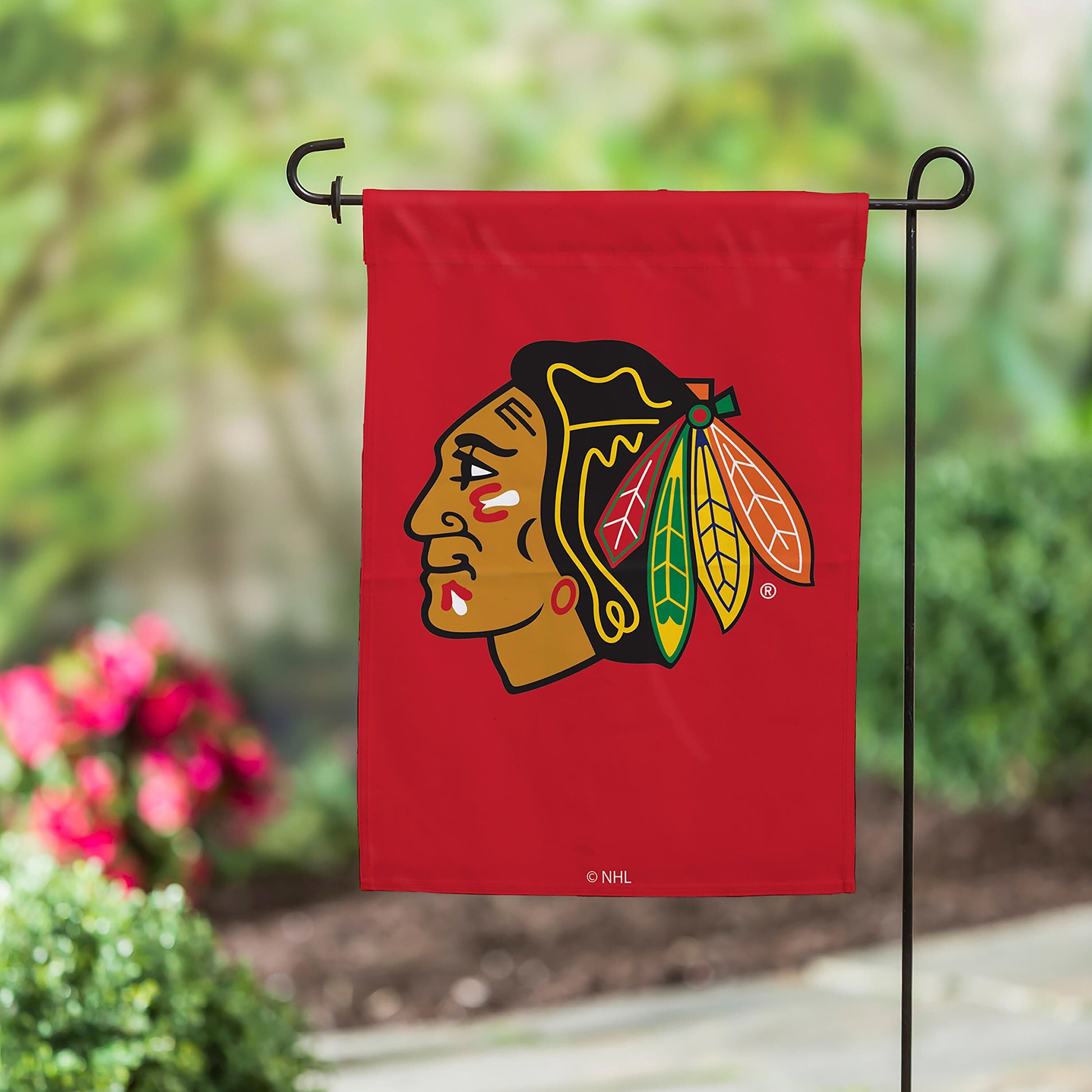 Chicago Blackhawks applique garden flag red background with team logo NHL licensed on Tampa Home & Garden Store