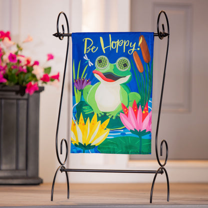 Animated Be Hoppy Applique Lighted Garden Flag blue frog design by Evergreen Enterprises on Tampa Home & Garden Store