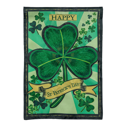 St Patrick's Day Shamrock Applique Garden Flag with green shamrock and clover, black border on Tampa Home & Garden Store