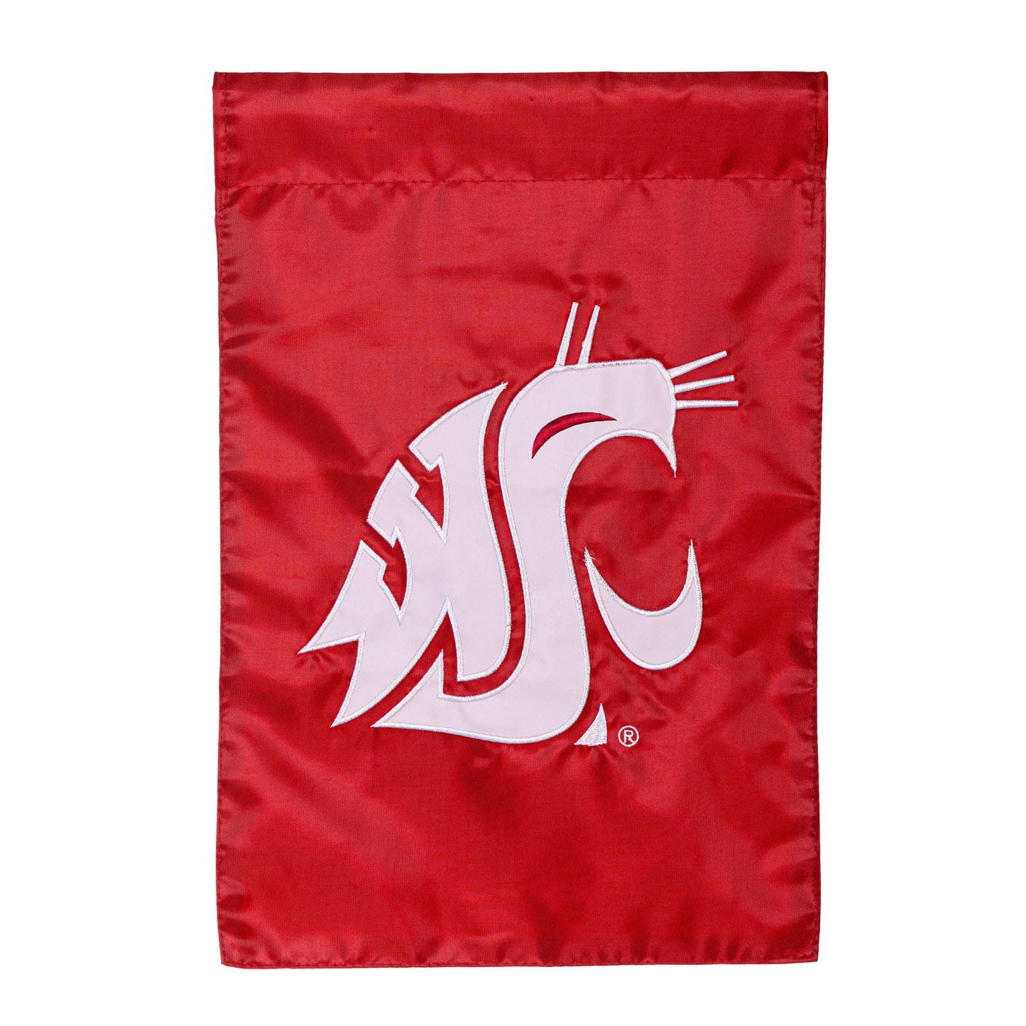 Washington State University applique garden flag red background with pale pink WSU on Tampa Home & Garden Store