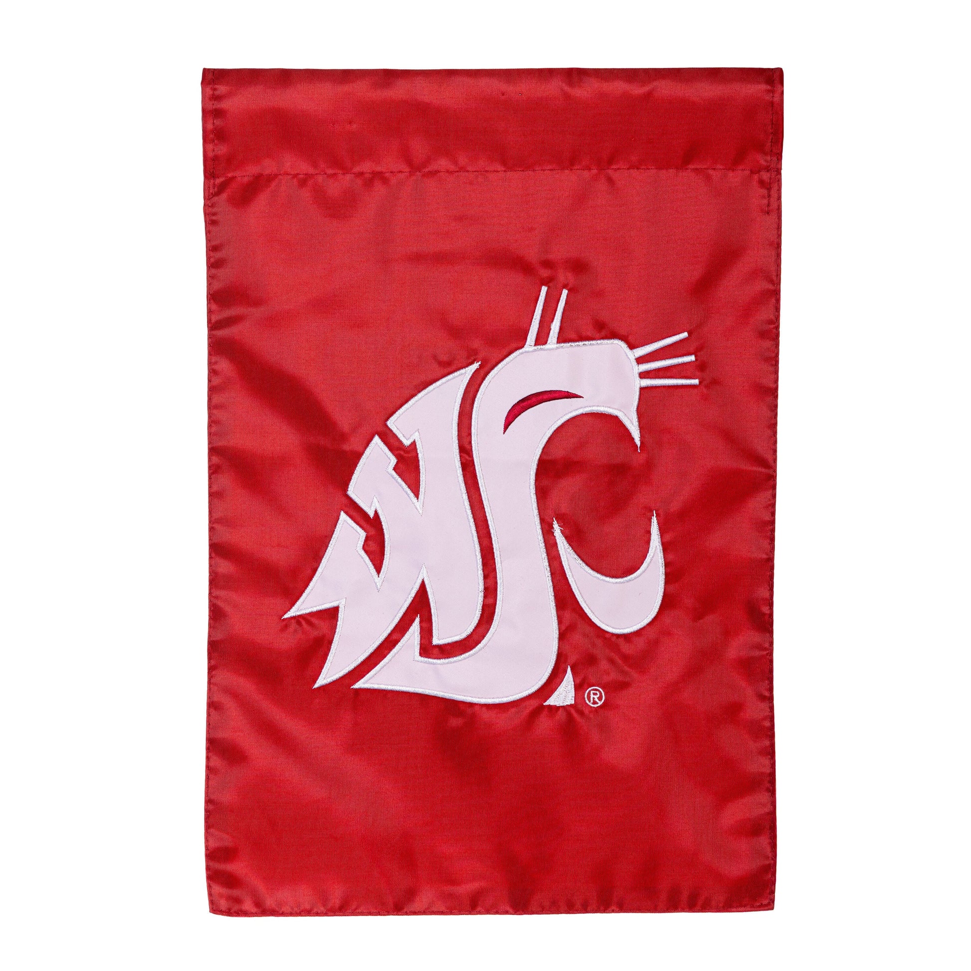 Washington State University applique garden flag red background with pale pink WSU on Tampa Home & Garden Store