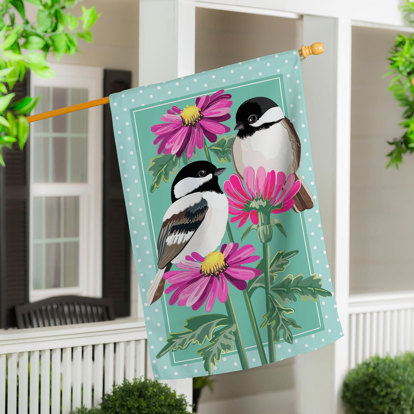 Chickadee Friends Applique House Flag turquoise with white polka dots and chickadees on Tampa Home & Garden Store