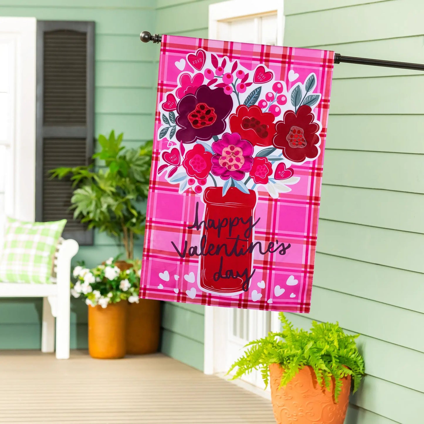 Valentines Day Plaid Applique House Flag pink plaid border with bright flowers and hearts on Tampa Home & Garden Store