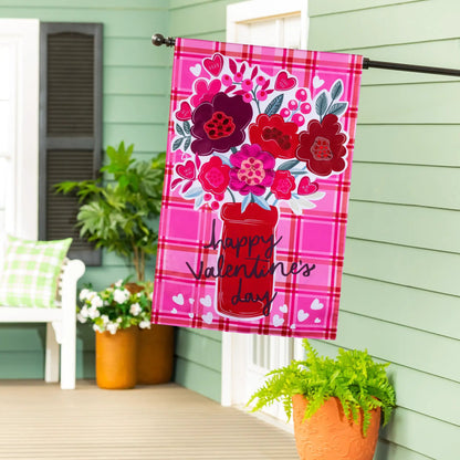 Valentines Day Plaid Applique House Flag pink plaid border with bright flowers and hearts on Tampa Home & Garden Store