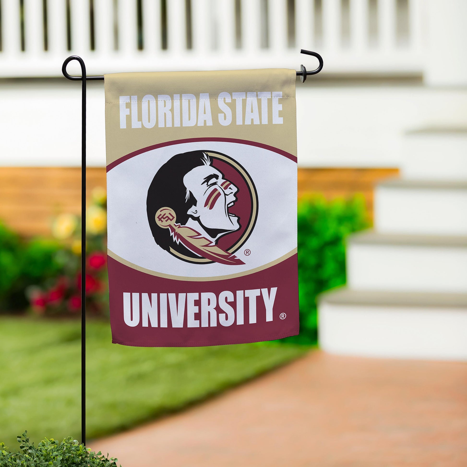 Florida State University suede garden flag with FSU logo, beige header, Evergreen Enterprises on Tampa Home & Garden Store