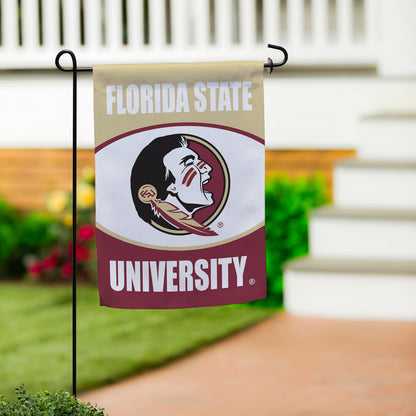 Florida State University suede garden flag with FSU logo, beige header, Evergreen Enterprises on Tampa Home & Garden Store