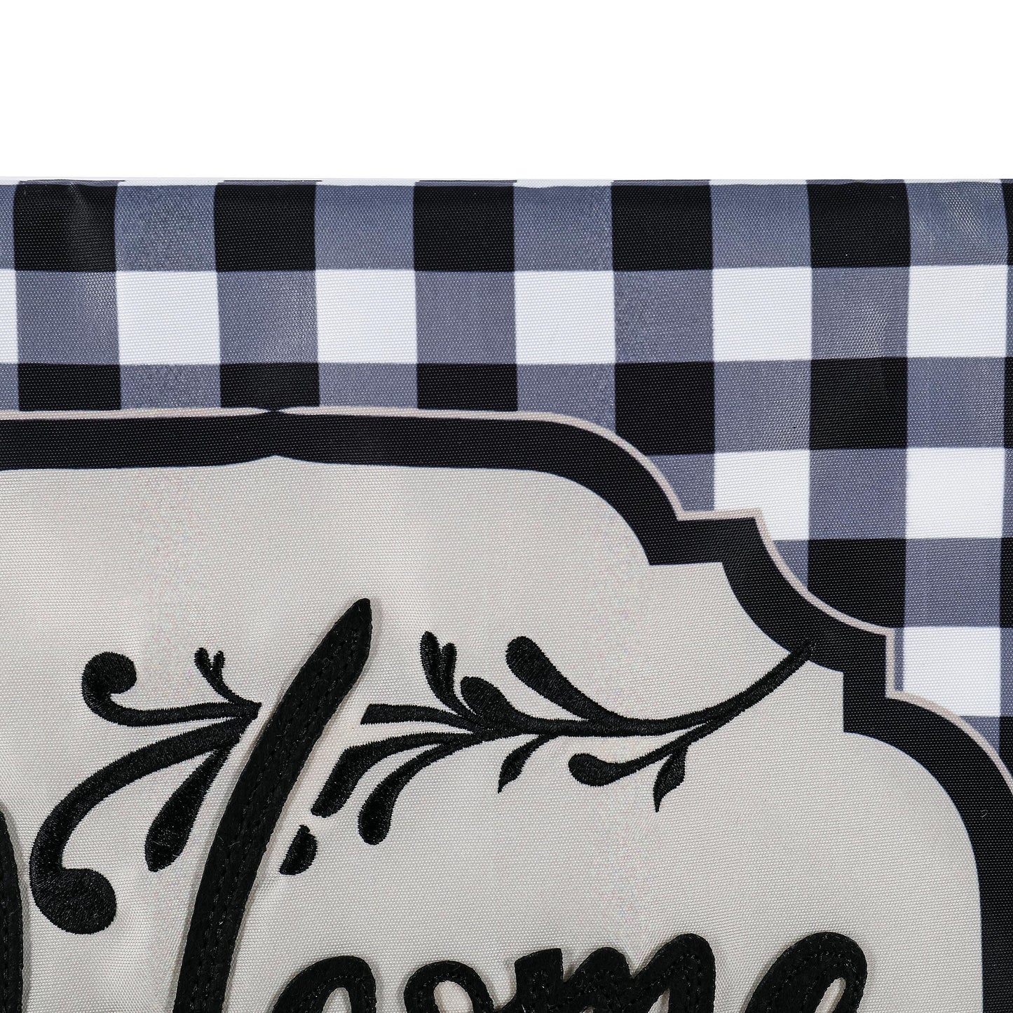 Classic Welcome Home Garden Applique Flag white with black cursive Welcome text on plaid border on Tampa Home & Garden Store