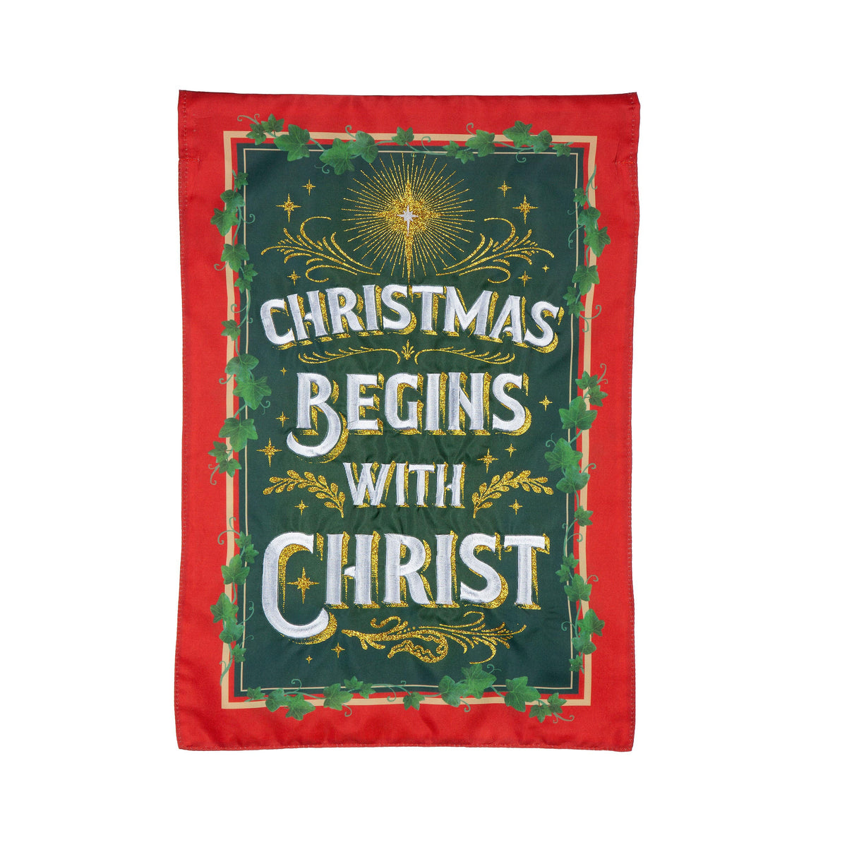 Christmas Begins with Christ applique garden flag red border ivy garland on Tampa Home & Garden Store
