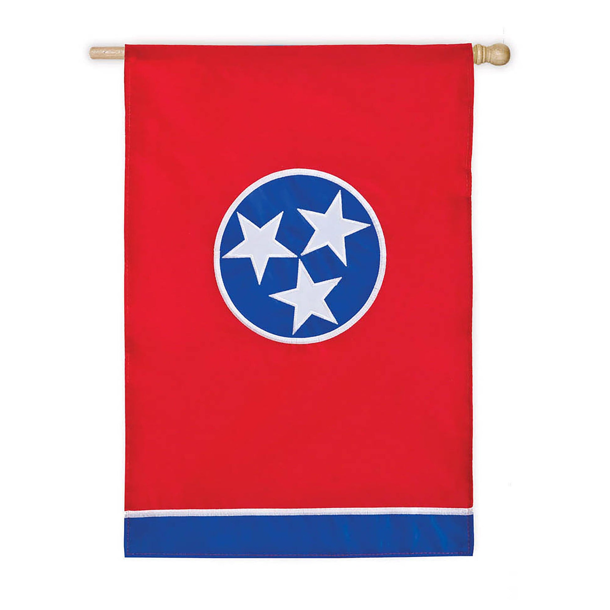 Tennessee State Flag Applique Flag red field with blue circle of white stars, wooden rod on Tampa Home & Garden Store