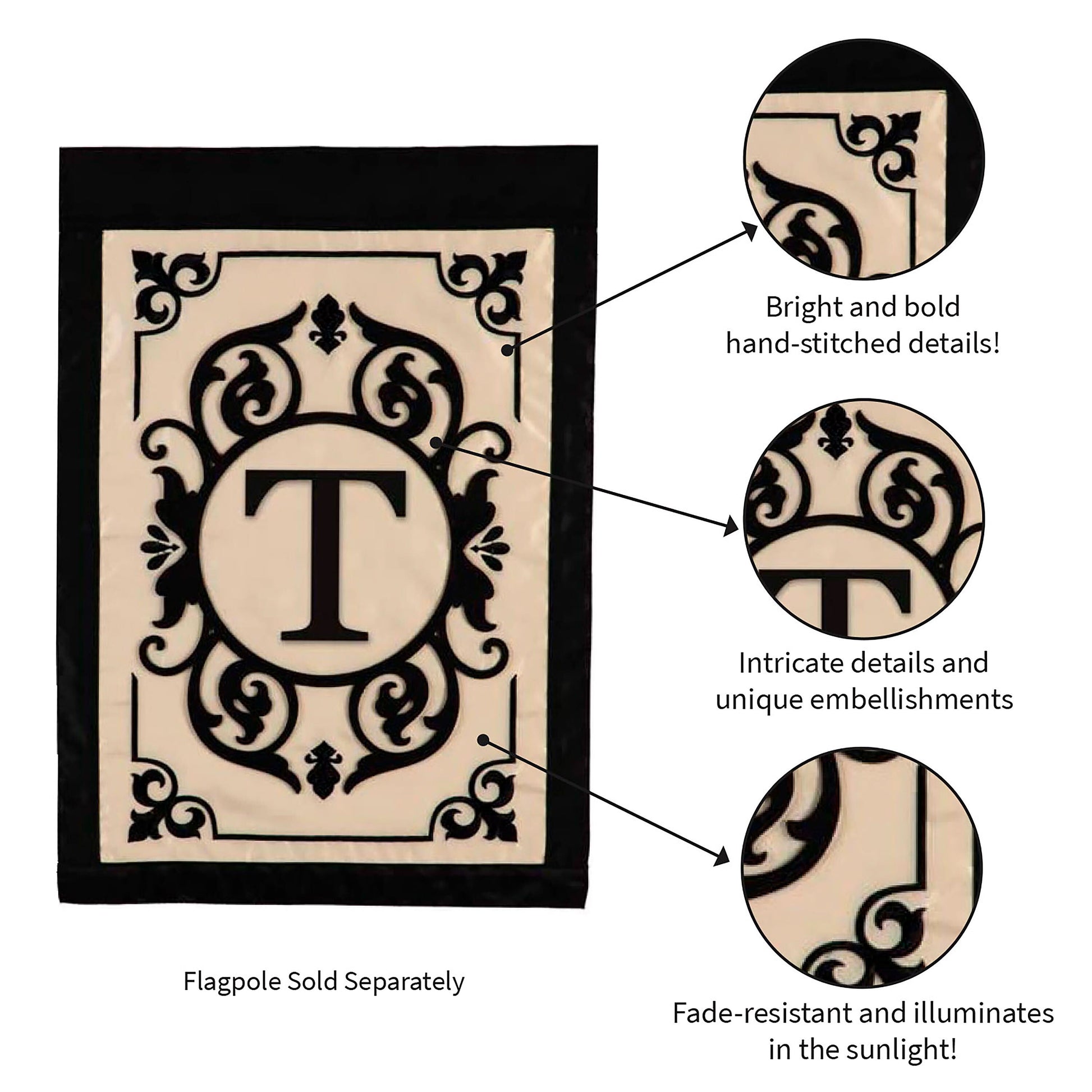 Cambridge Monogram Garden Applique Flag Letter T beige with black scrollwork border on Tampa Home & Garden Store