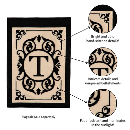 Cambridge Monogram Garden Applique Flag Letter T beige with black scrollwork border on Tampa Home & Garden Store