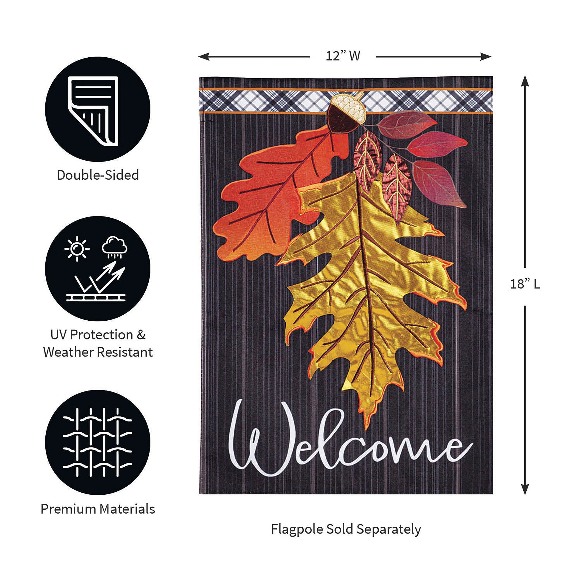 Welcome Autumn Leaves Garden Linen Flag with orange, yellow and red leaves on dark stripes on Tampa Home & Garden Store