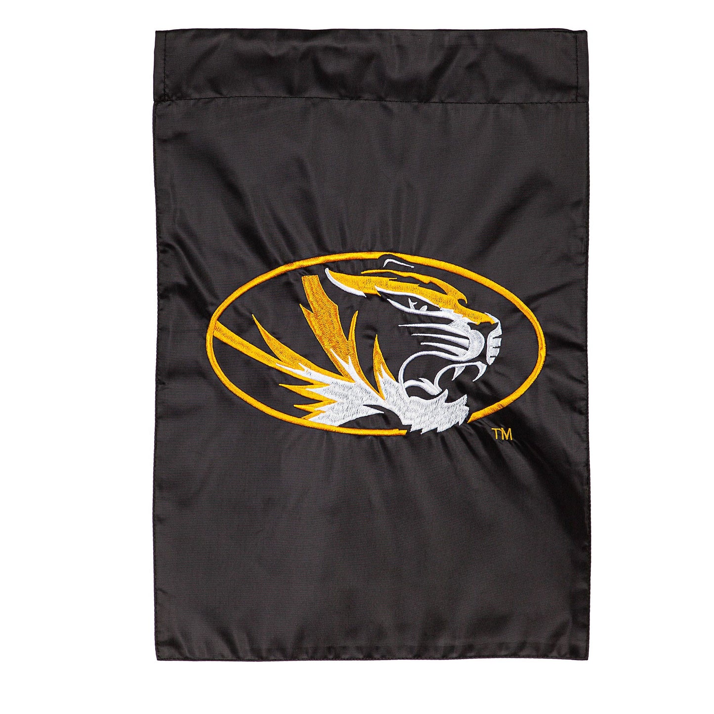 University of Missouri applique garden flag on black fabric with gold tiger logo on Tampa Home & Garden Store