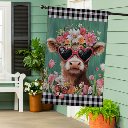 Lunettes de soleil à fleurs, vache des Highlands, drapeau de maison en toile de jute