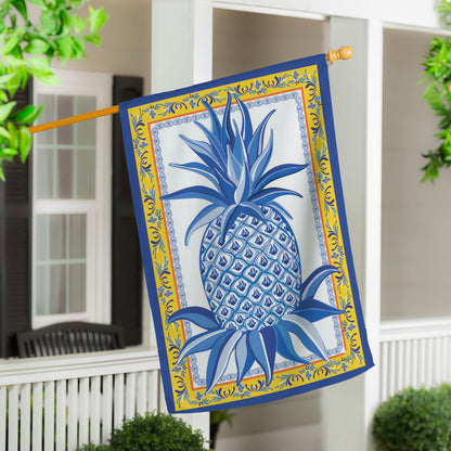 Blue & White Pineapple Applique House Flag on a wooden pole on Tampa Home & Garden Store