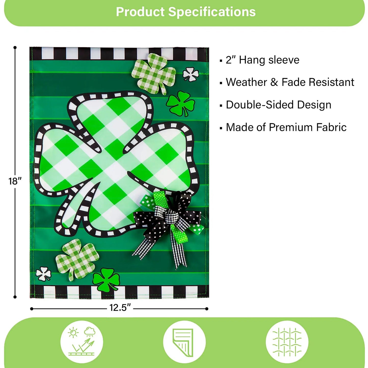 Check Clover Garden Applique Flag with Bow Accent, green checkered clovers, Evergreen on Tampa Home & Garden Store