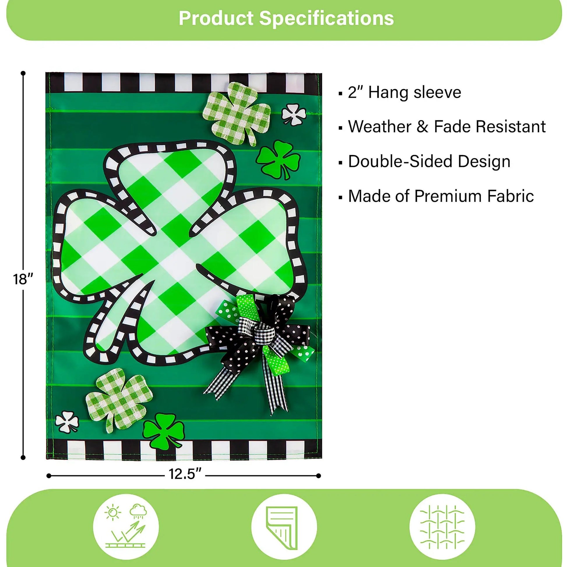 Check Clover Garden Applique Flag with Bow Accent, green checkered clovers, Evergreen on Tampa Home & Garden Store