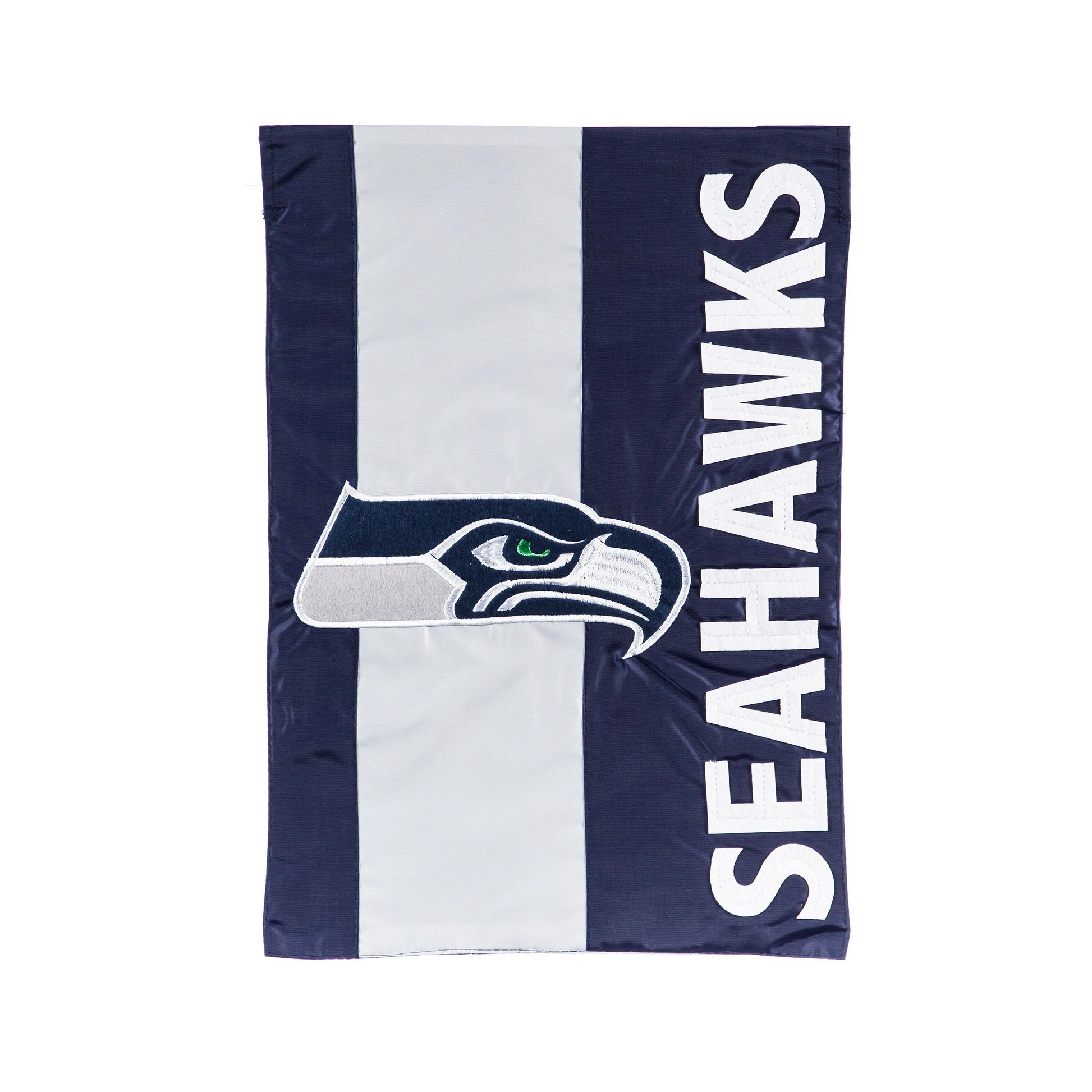 Applique Seattle Seahawks garden flag in navy blue with SEAHAWKS lettering and hawk emblem on Tampa Home & Garden Store