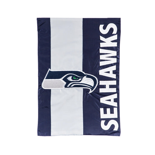 Applique Seattle Seahawks garden flag in navy blue with SEAHAWKS lettering and hawk emblem on Tampa Home & Garden Store