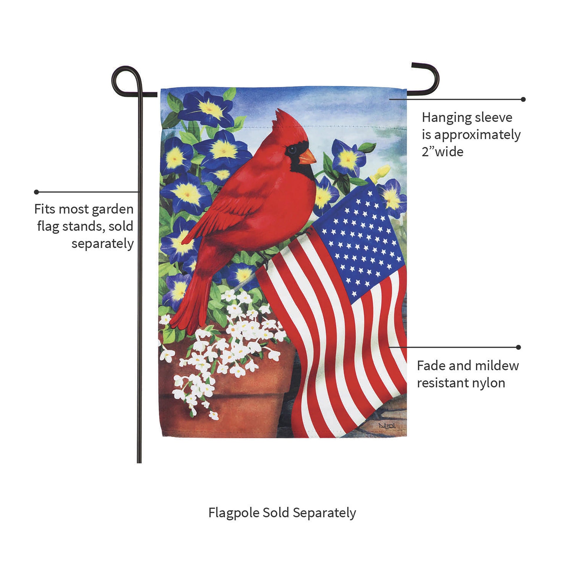 Cardinal Glory Suede Garden Flag by Evergreen Enterprises with red cardinal and flowers on Tampa Home & Garden Store