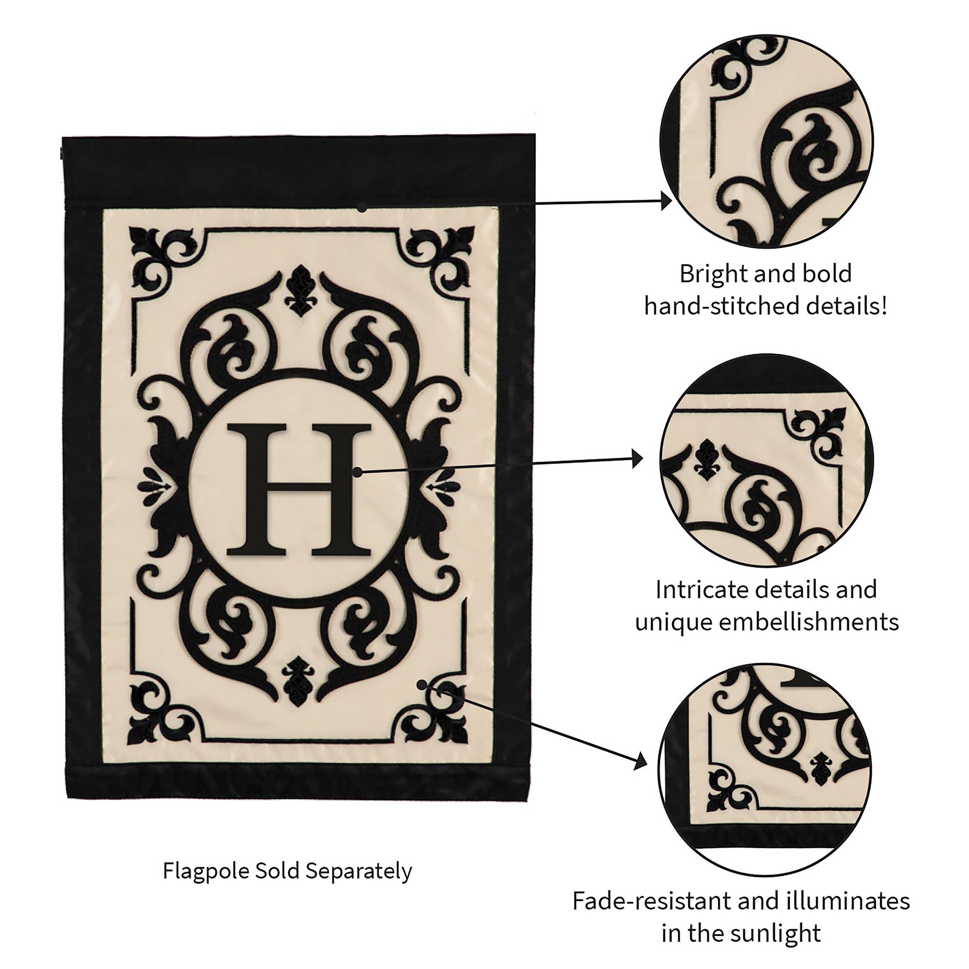 Cambridge Monogram Garden Applique Flag Letter H cream with Evergreen Enterprises monogram on black border on Tampa Home & Garden Store