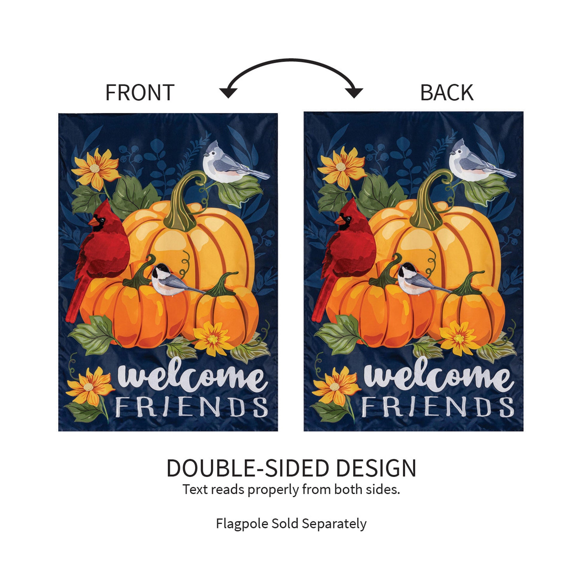 Applique house flag pair with pumpkins, cardinals on navy backdrop double-sided design Welcome Friends on Tampa Home & Garden Store