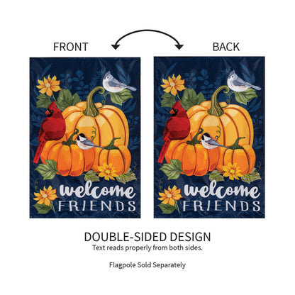 Applique house flag pair with pumpkins, cardinals on navy backdrop double-sided design Welcome Friends on Tampa Home & Garden Store
