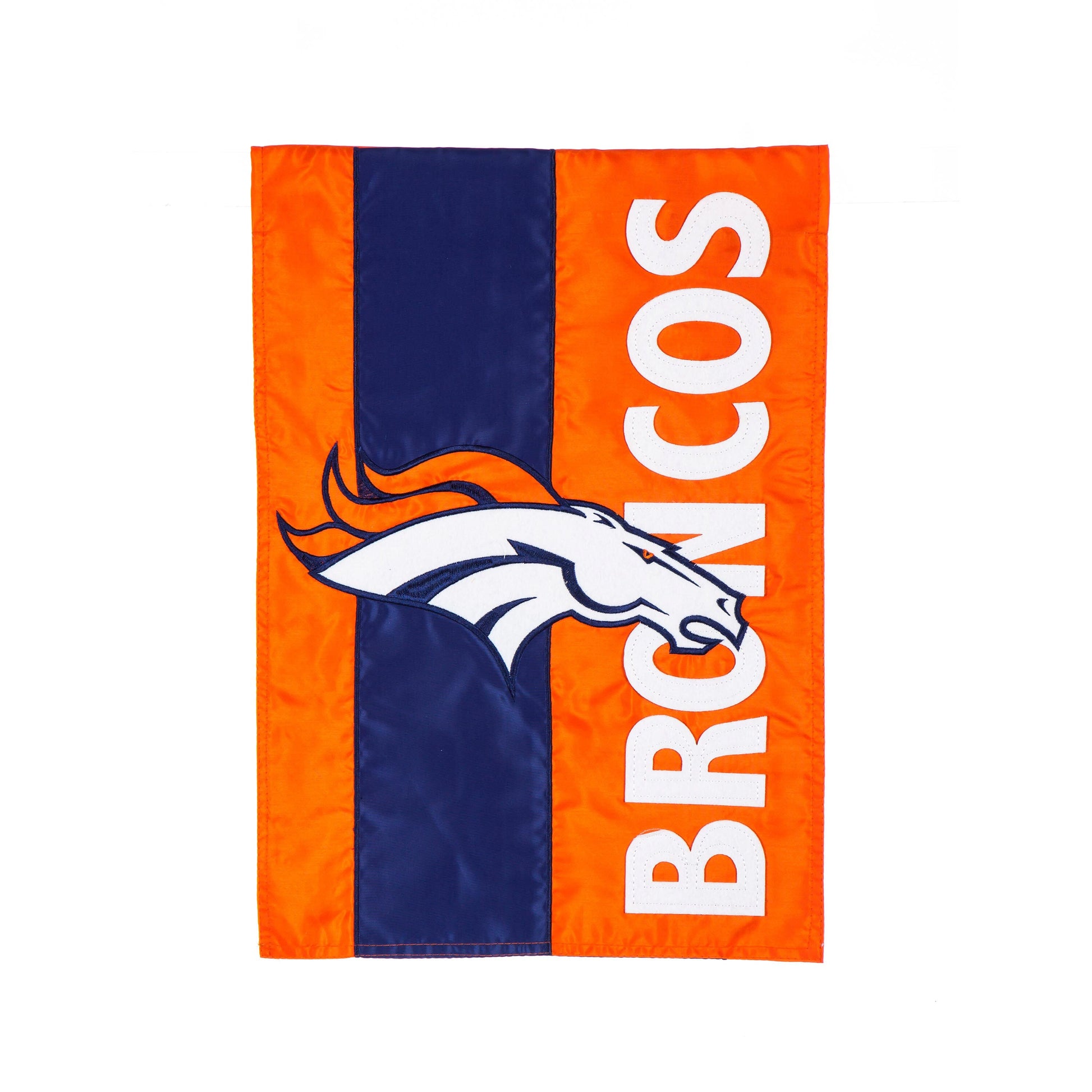 Denver Broncos Embellished Garden Flag orange with navy panel and white horse head applique on Tampa Home & Garden Store
