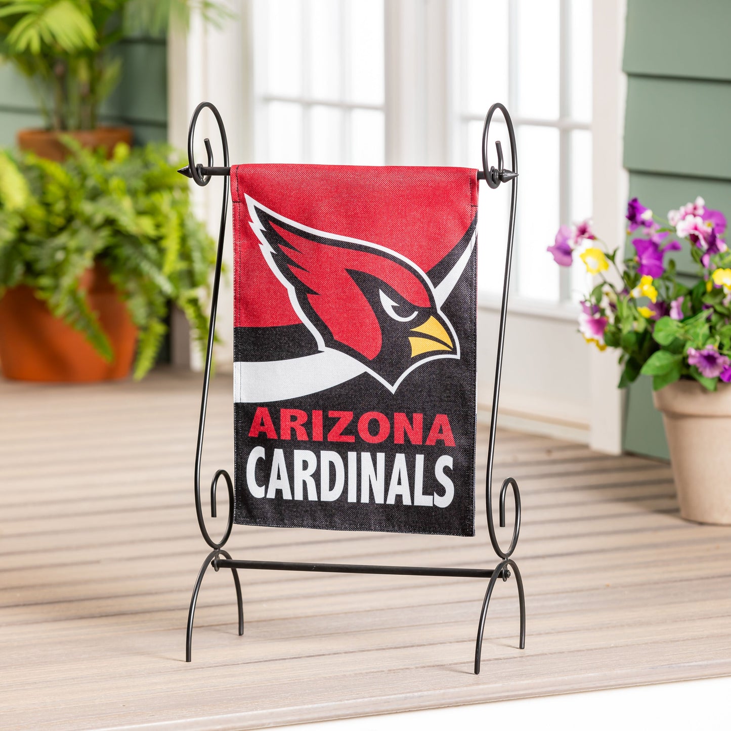 Arizona Cardinals burlap garden flag on black metal stand with red and black team logo on Tampa Home & Garden Store