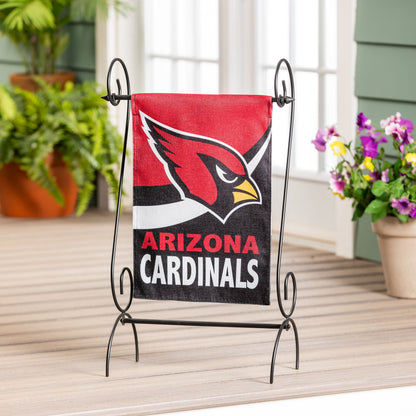 Arizona Cardinals burlap garden flag on black metal stand with red and black team logo on Tampa Home & Garden Store