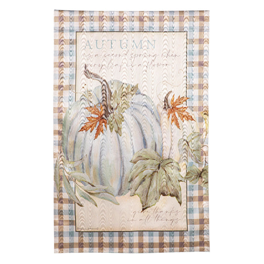 Autumn Harvest Moire House Flag with wood-textured center, blue AUTUMN, fall leaves on Tampa Home & Garden Store