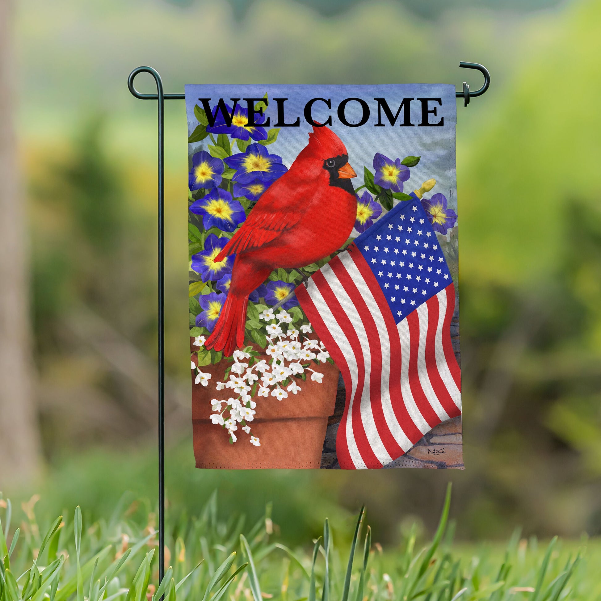 Cardinal Glory Suede Garden Flag by Evergreen Enterprises with red cardinal and US flag on Tampa Home & Garden Store