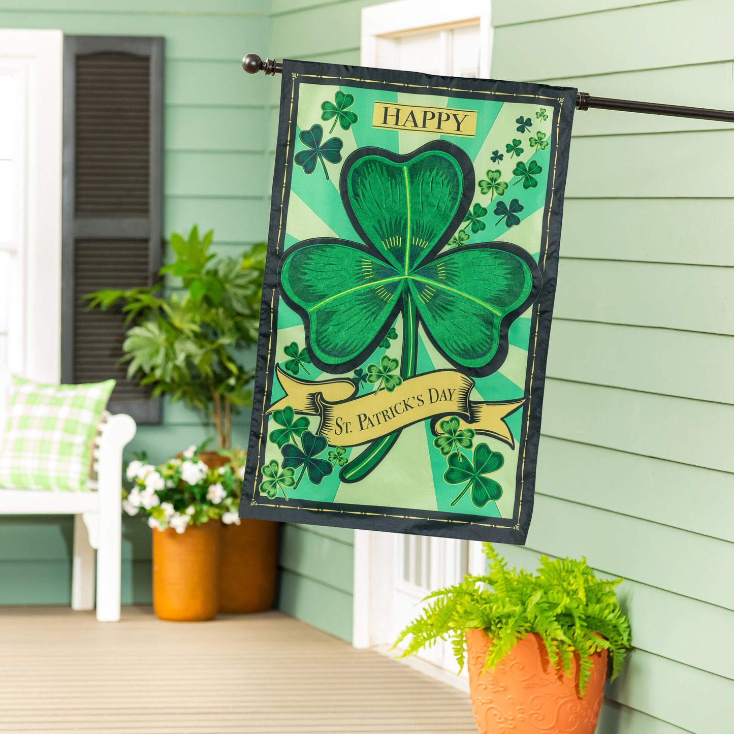 St Patrick's Day Shamrock Applique House Flag green fabric flag with bold clover pattern on Tampa Home & Garden Store