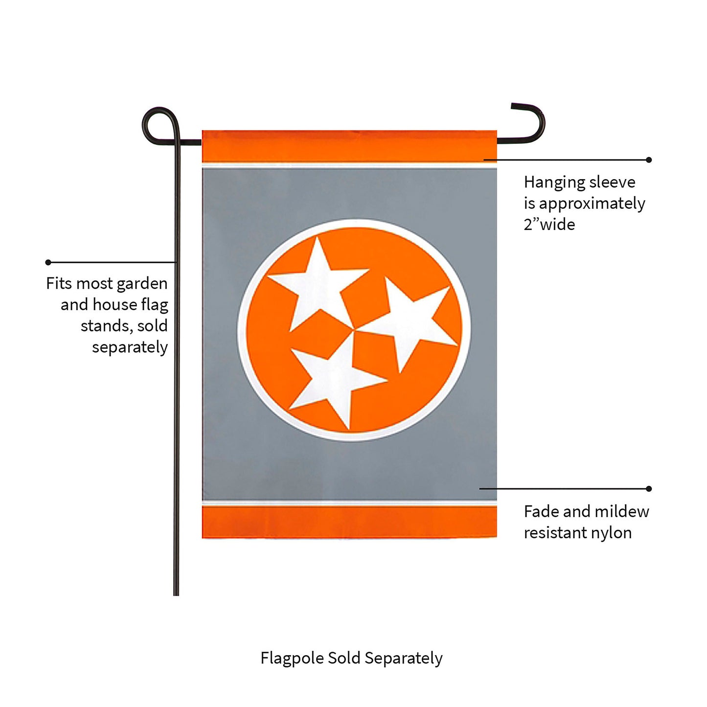 Tennessee Tri Star grey garden applique flag with orange header and white stars by Evergreen on Tampa Home & Garden Store