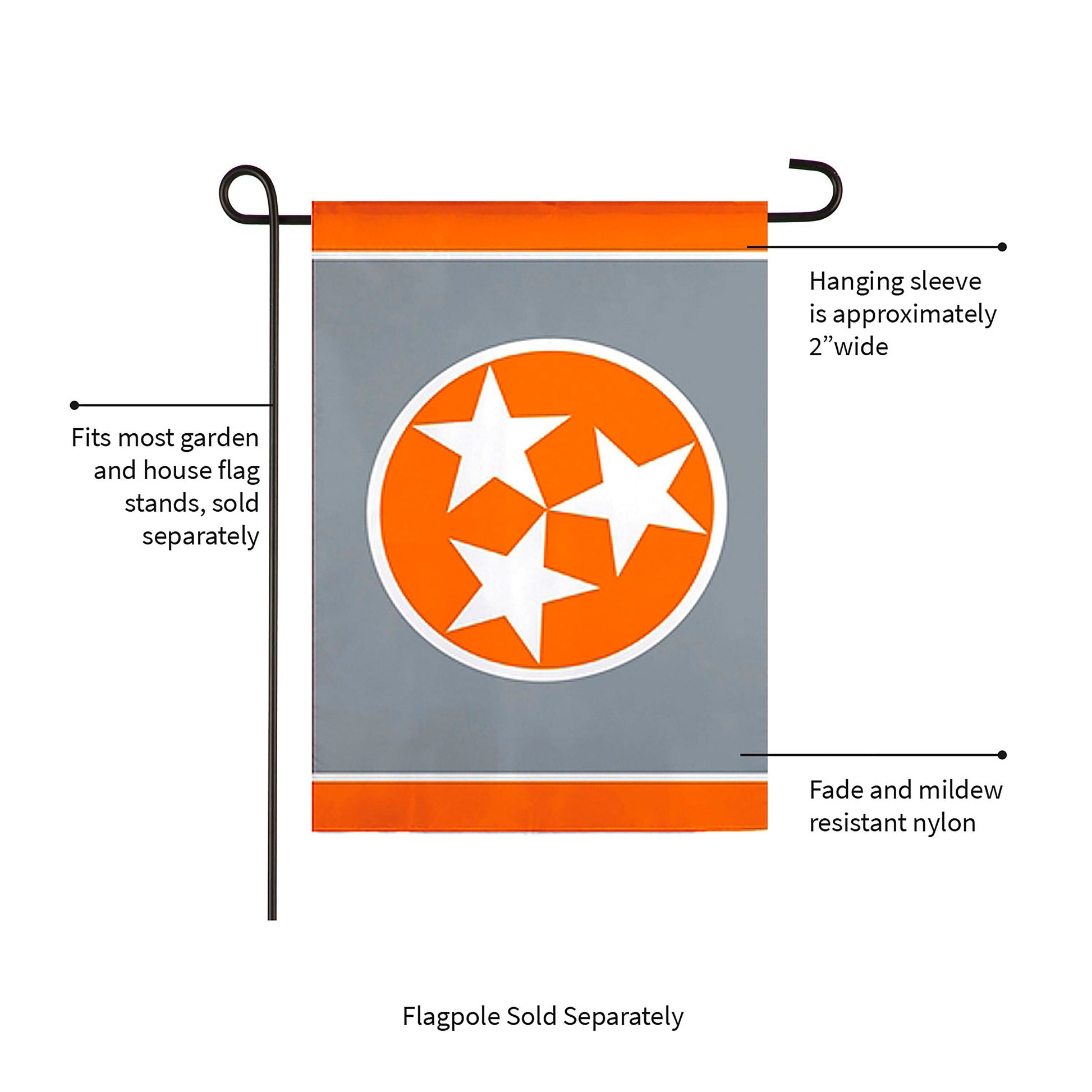 Tennessee Tri Star grey garden applique flag with orange header and white stars by Evergreen on Tampa Home & Garden Store