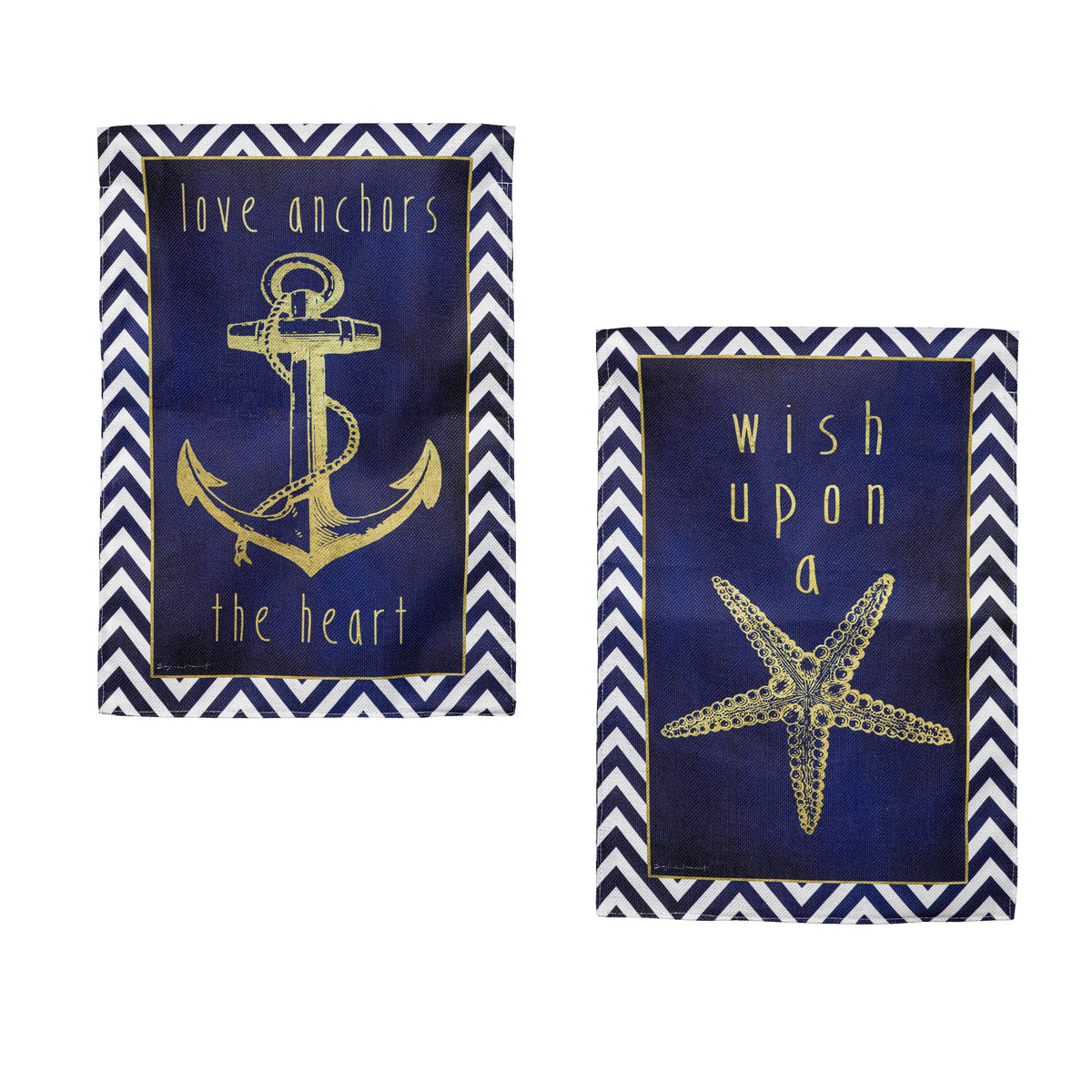 Anchor & Gold reversible burlap house flag navy panel with gold anchor and chevron border Evergreen Enterprises on Tampa Home & Garden Store