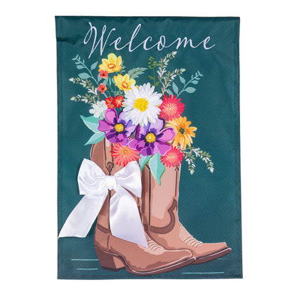 Boots And Bow applique garden flag teal with bouquet in boot and white bow Evergreen Enterprises on Tampa Home & Garden Store