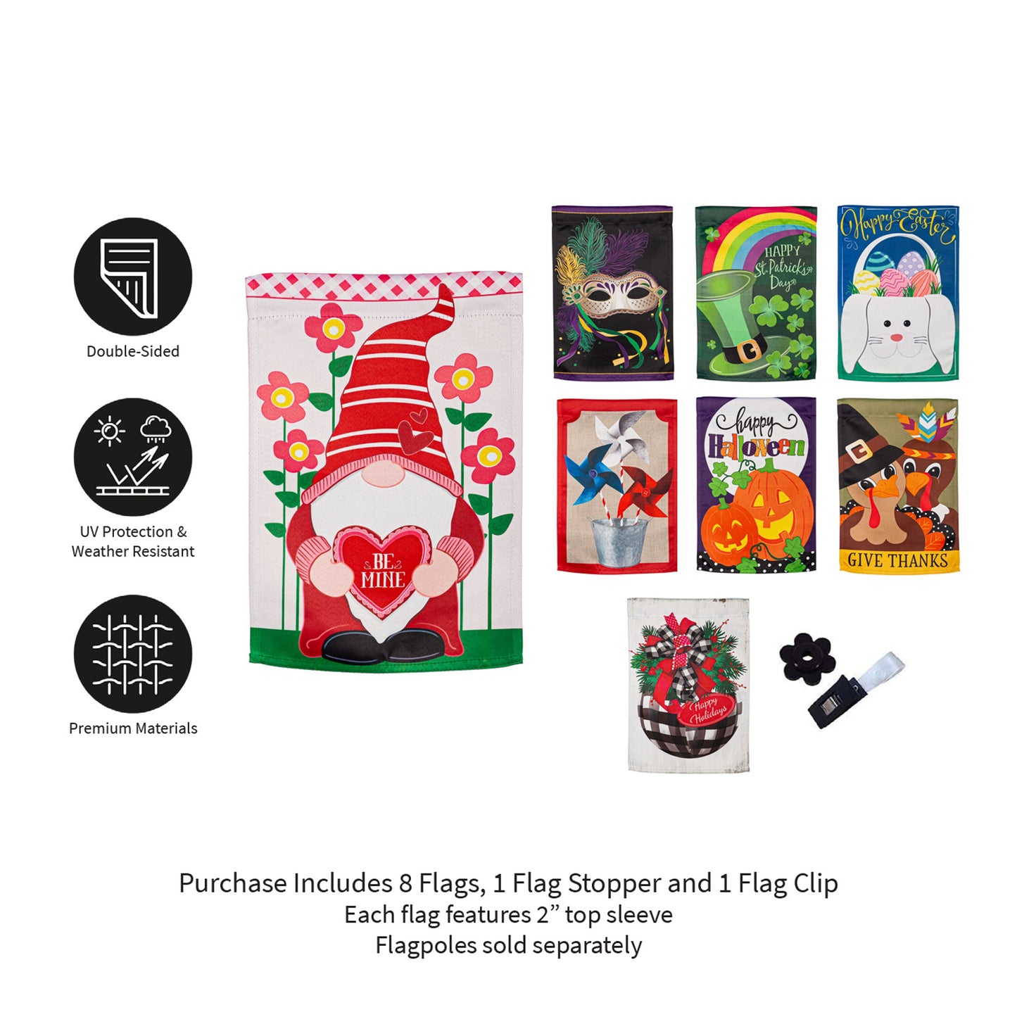 Seasonal suede garden flag set of 8, whimsical designs featuring Santa, bunny and pumpkins on Tampa Home & Garden Store