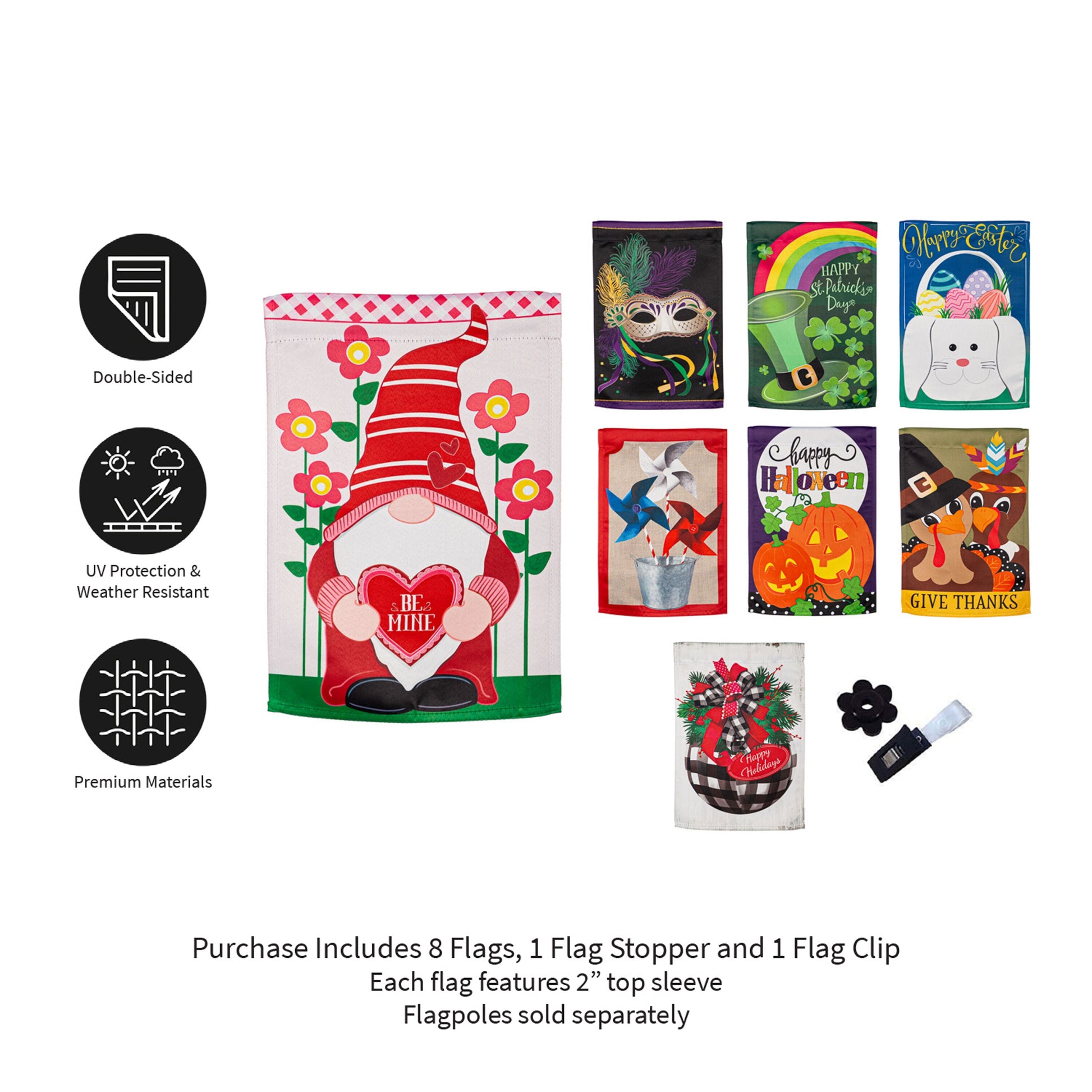 Seasonal suede garden flag set of 8, whimsical designs featuring Santa, bunny and pumpkins on Tampa Home & Garden Store