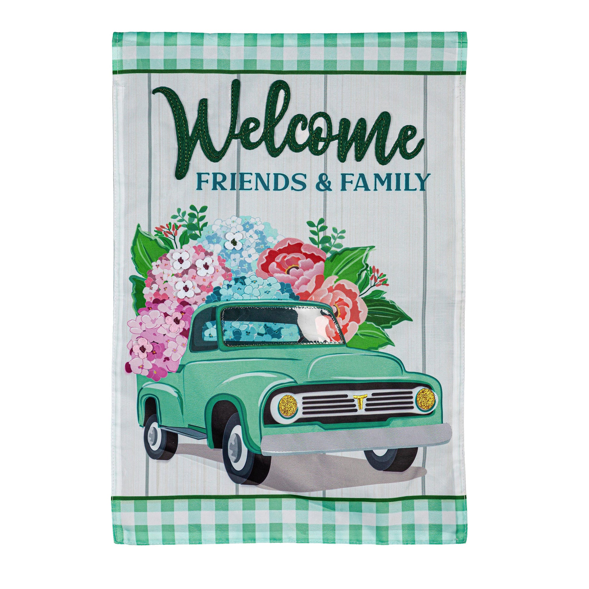 Spring Flower Delivery House Applique Flag with green truck and bouquet Welcome Friends & Family on Tampa Home & Garden Store