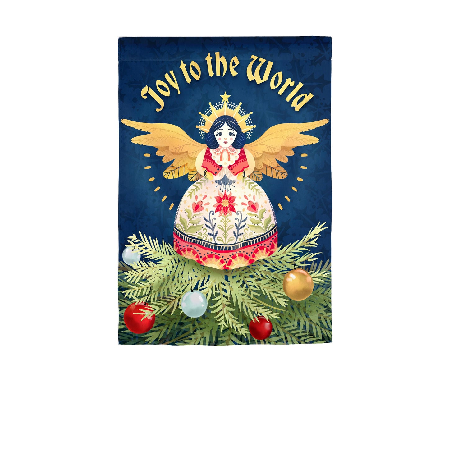 Joy to the World Applique House Flag in deep blue with gold script and angel motif on Tampa Home & Garden Store