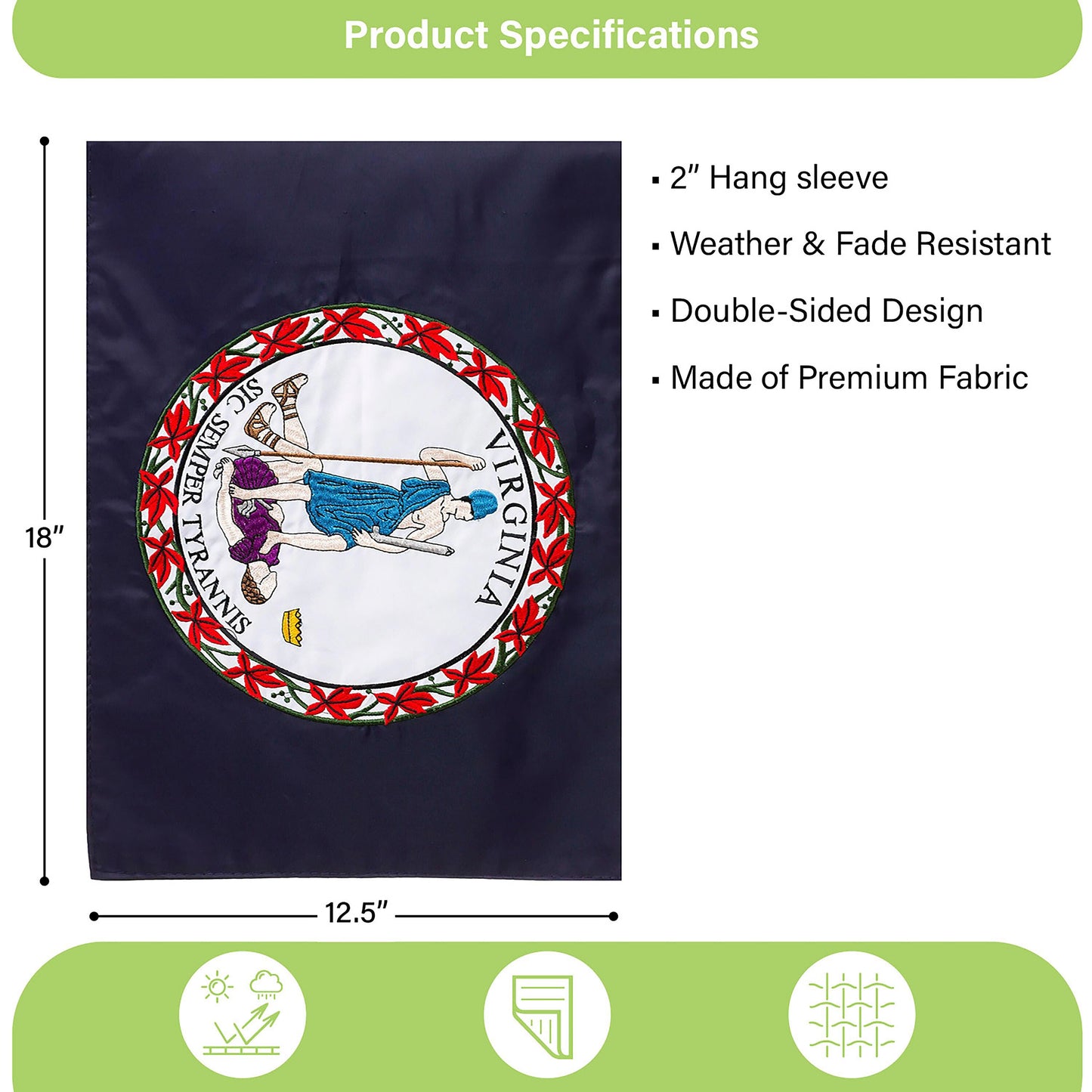 Virginia State Flag Garden Applique Flag navy field with circular seal, double-sided, Evergreen on Tampa Home & Garden Store