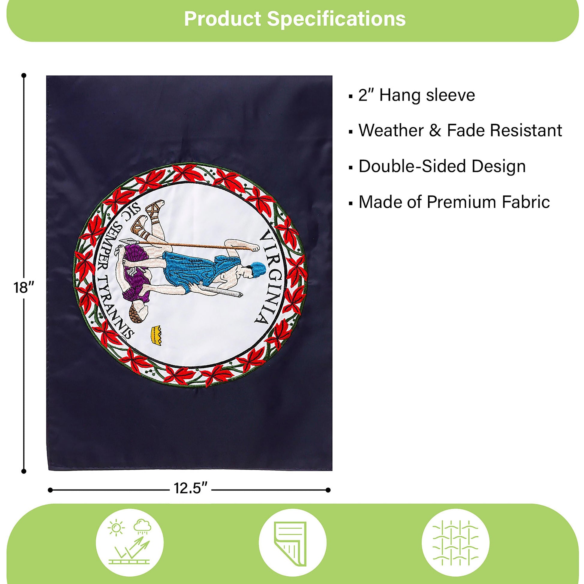 Virginia State Flag Garden Applique Flag navy field with circular seal, double-sided, Evergreen on Tampa Home & Garden Store