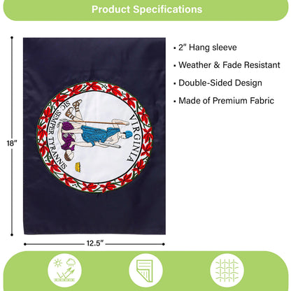 Virginia State Flag Garden Applique Flag navy field with circular seal, double-sided, Evergreen on Tampa Home & Garden Store