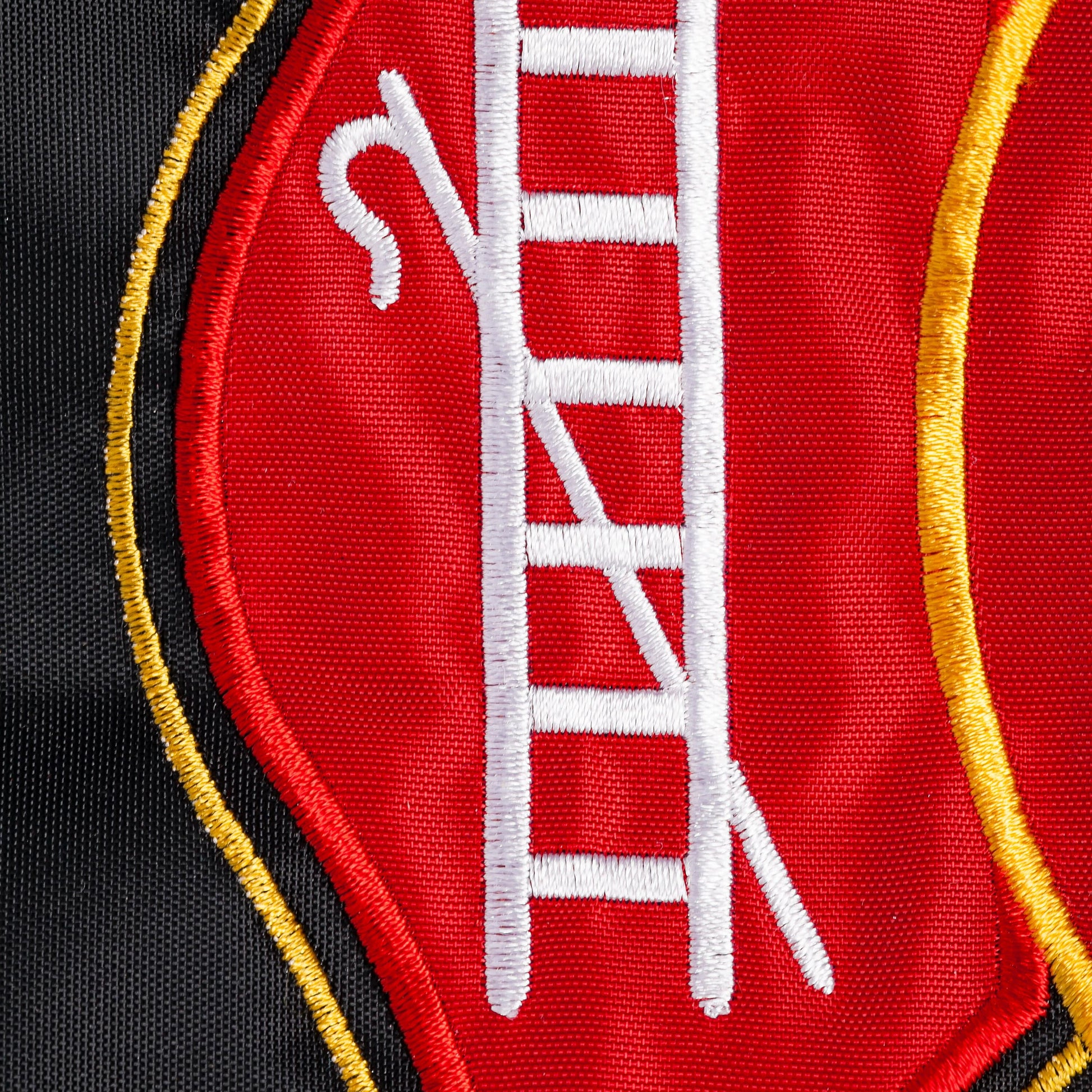 Fire Department Garden Applique Flag red fabric with white embroidery and gold edging on Tampa Home & Garden Store