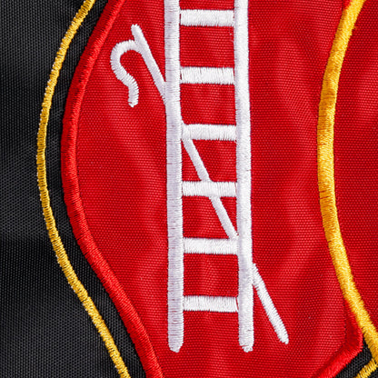 Fire Department Garden Applique Flag red fabric with white embroidery and gold edging on Tampa Home & Garden Store