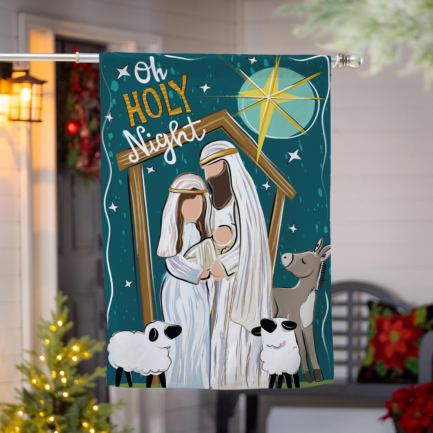 Oh Holy Night Burlap House Flag teal with stars, Evergreen Enterprises on Tampa Home & Garden Store