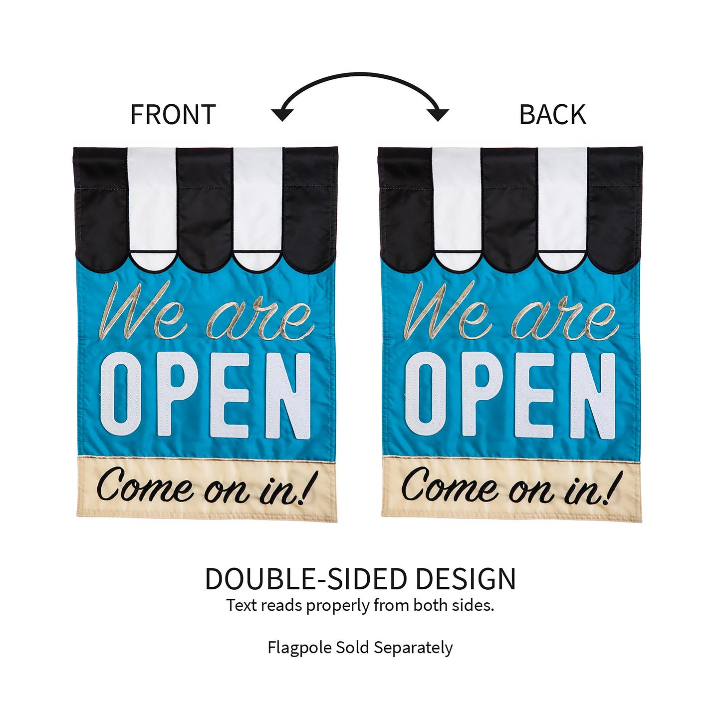 We Are Open Garden Applique Flags double-sided blue with black header Evergreen on Tampa Home & Garden Store