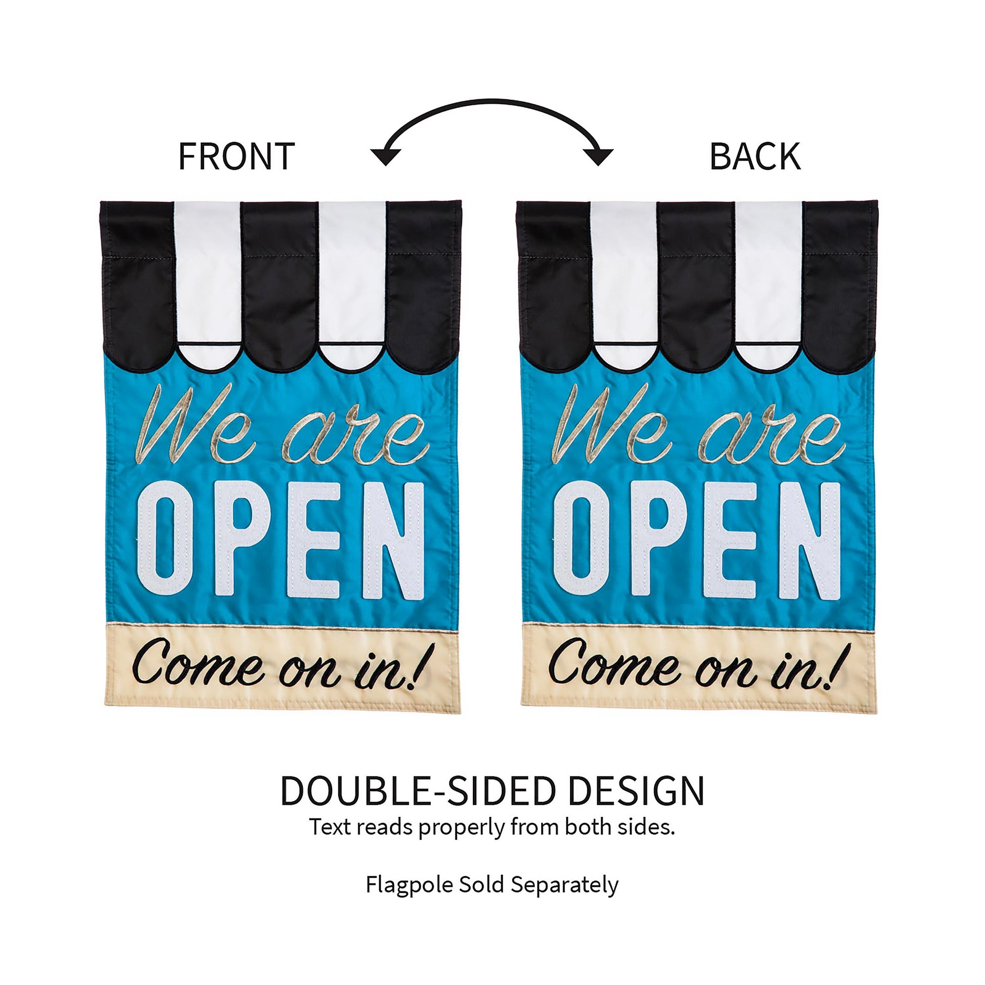 We Are Open Garden Applique Flags double-sided blue with black header Evergreen on Tampa Home & Garden Store